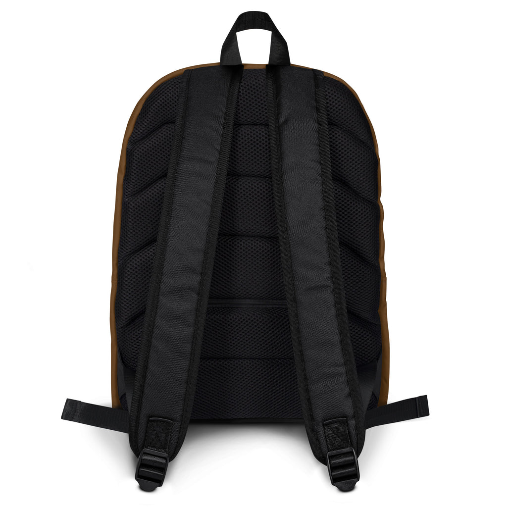 Kids brown backpack showing back side with black and tan color mesh back panel and adjustable shoulder straps