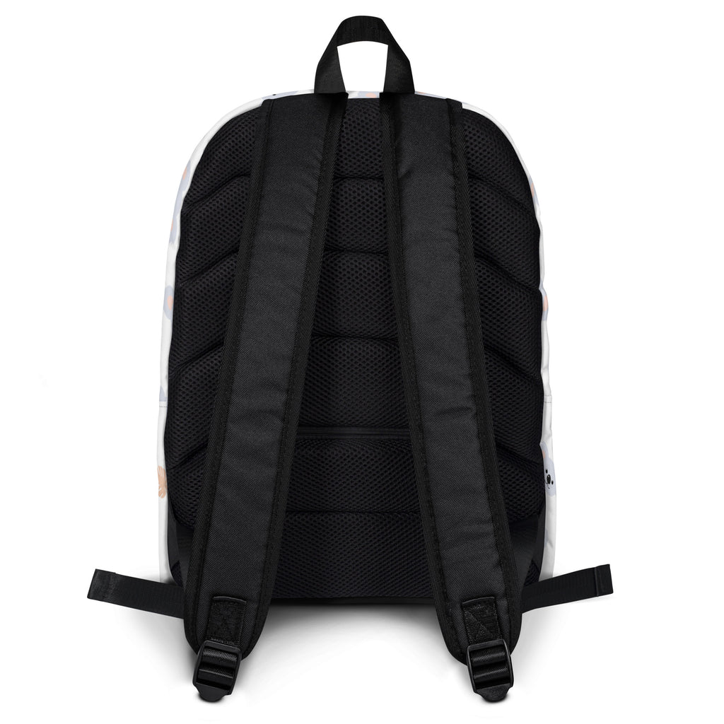 Back view of girls koala bear backpack in black and white with mesh back panel and adjustable shoulder straps