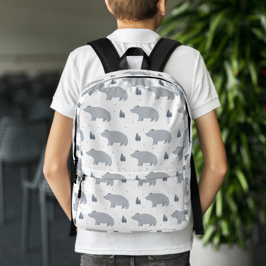 Kids polar bear backpack in white with gray bear and tree patterns and black adjustable straps for easy carrying