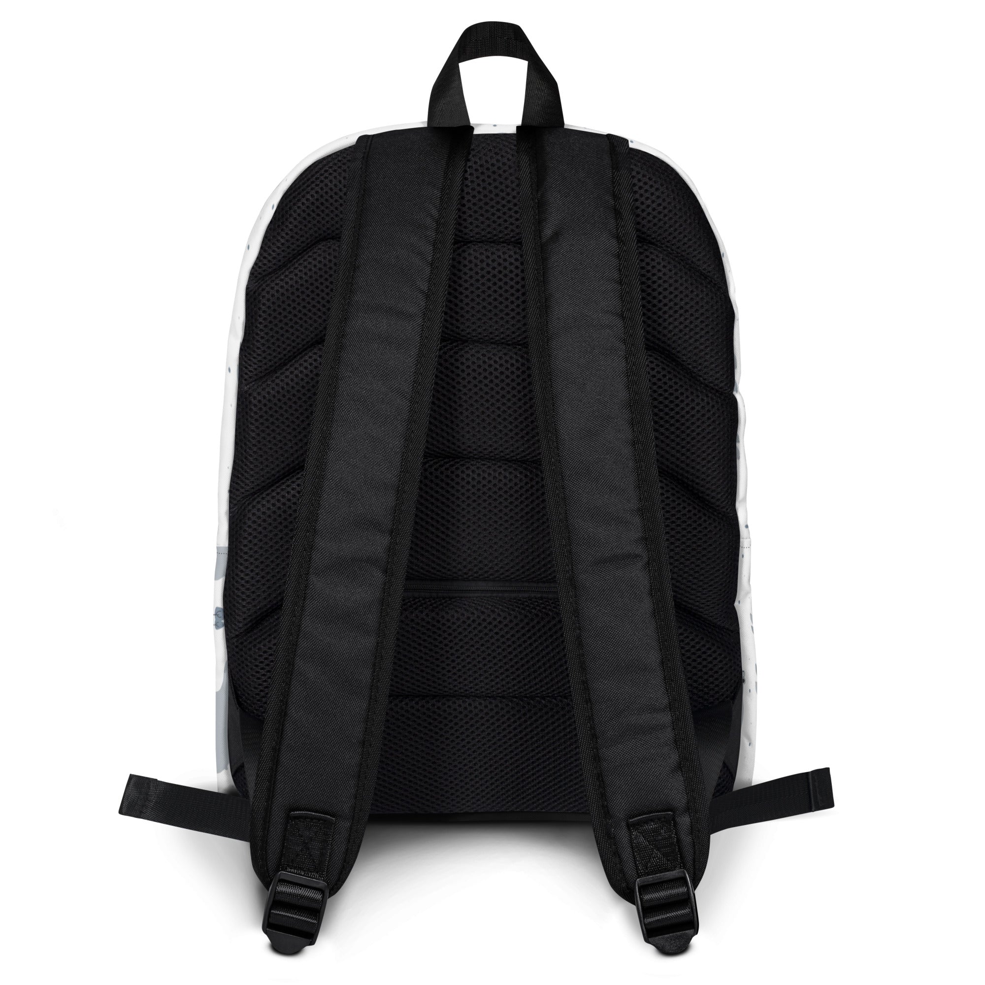 Kids polar bear backpack black mesh with white side panels and adjustable shoulder straps shown from the back side