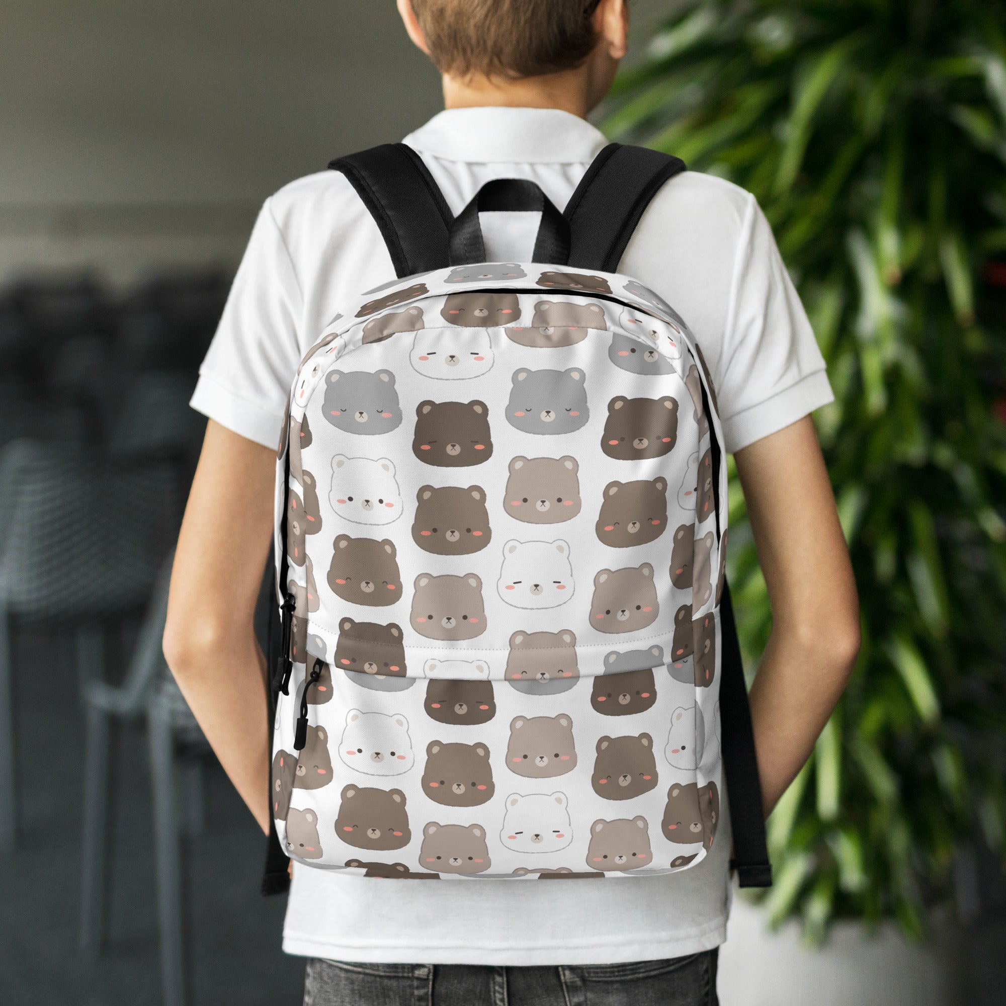 White kids kawaii bear print backpack with cute cartoon brown and gray bears with rosy cheeks pattern