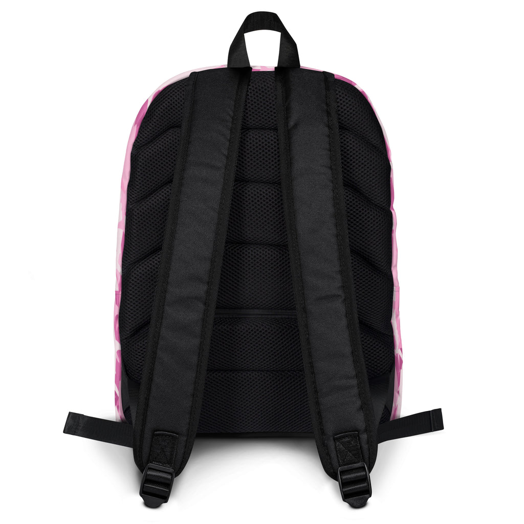 Girls pink sharks backpack showing back side with pink and black camouflage padded mesh back panel