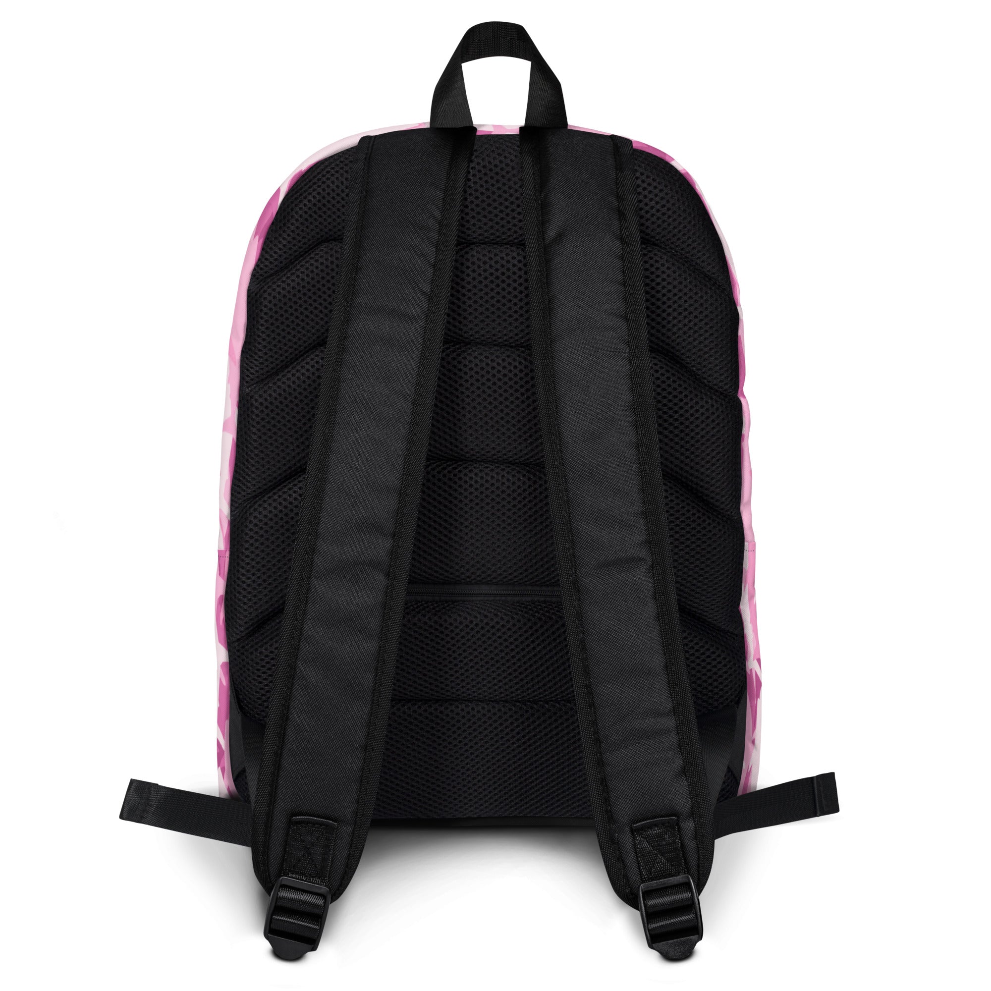 Girls pink sharks backpack showing back side with pink and black camouflage padded mesh back panel