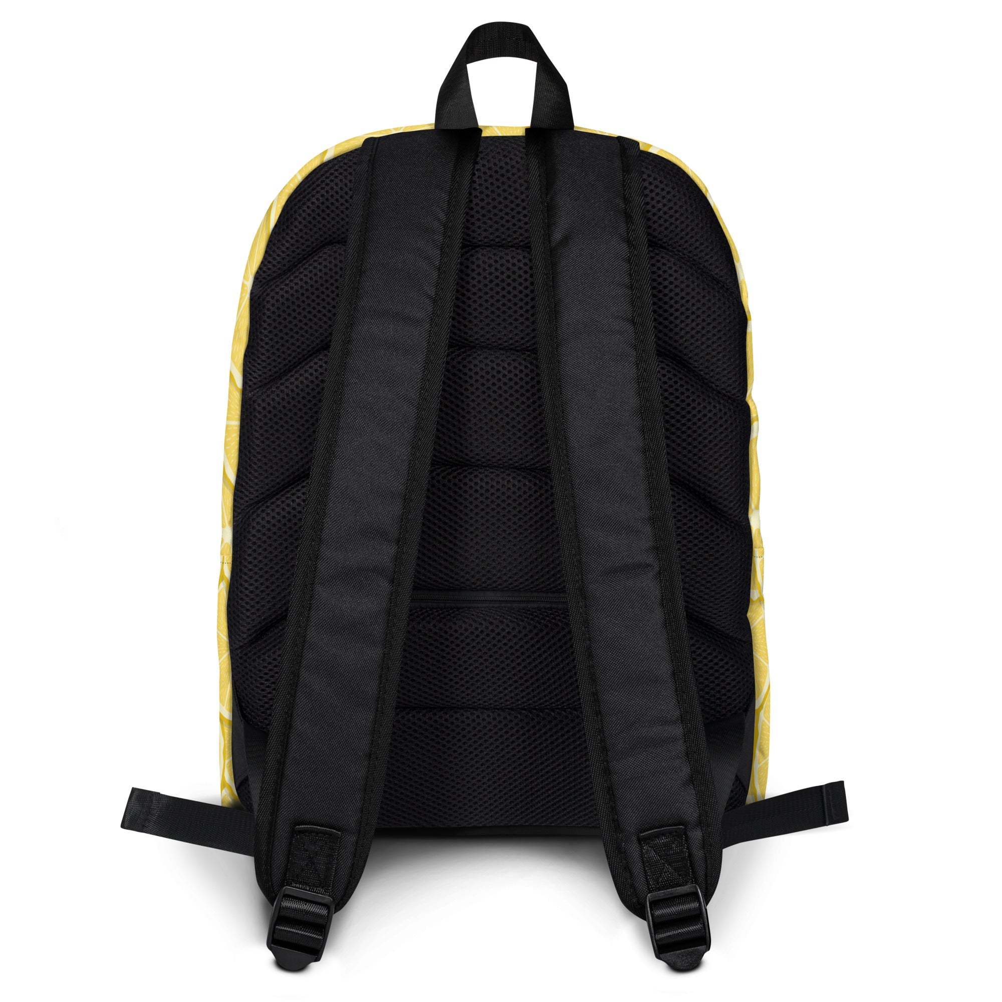Kids lemon slice backpack black and yellow with mesh back panel and adjustable shoulder straps shown from back side