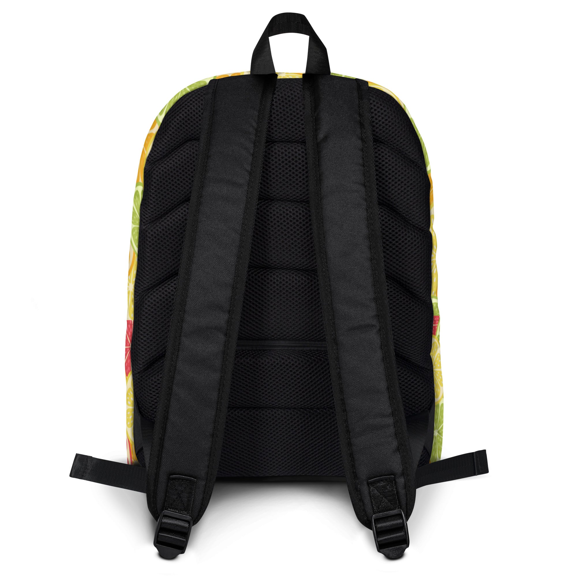 Kids citrus fruit backpack featuring a vibrant multicolored tropical fruit pattern and black mesh back panel