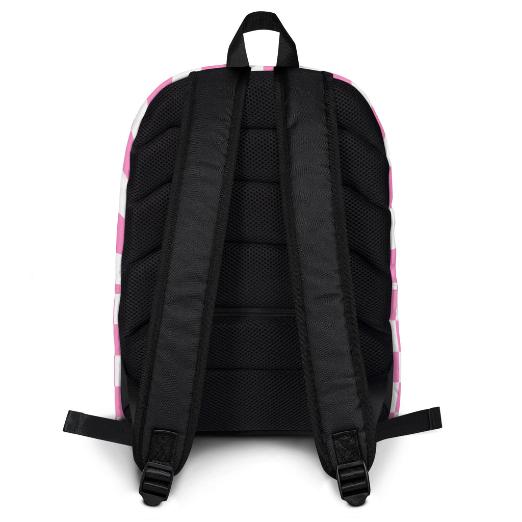 Girls pink checkerboard backpack with pink and white checkered fabric and black mesh back panel and straps
