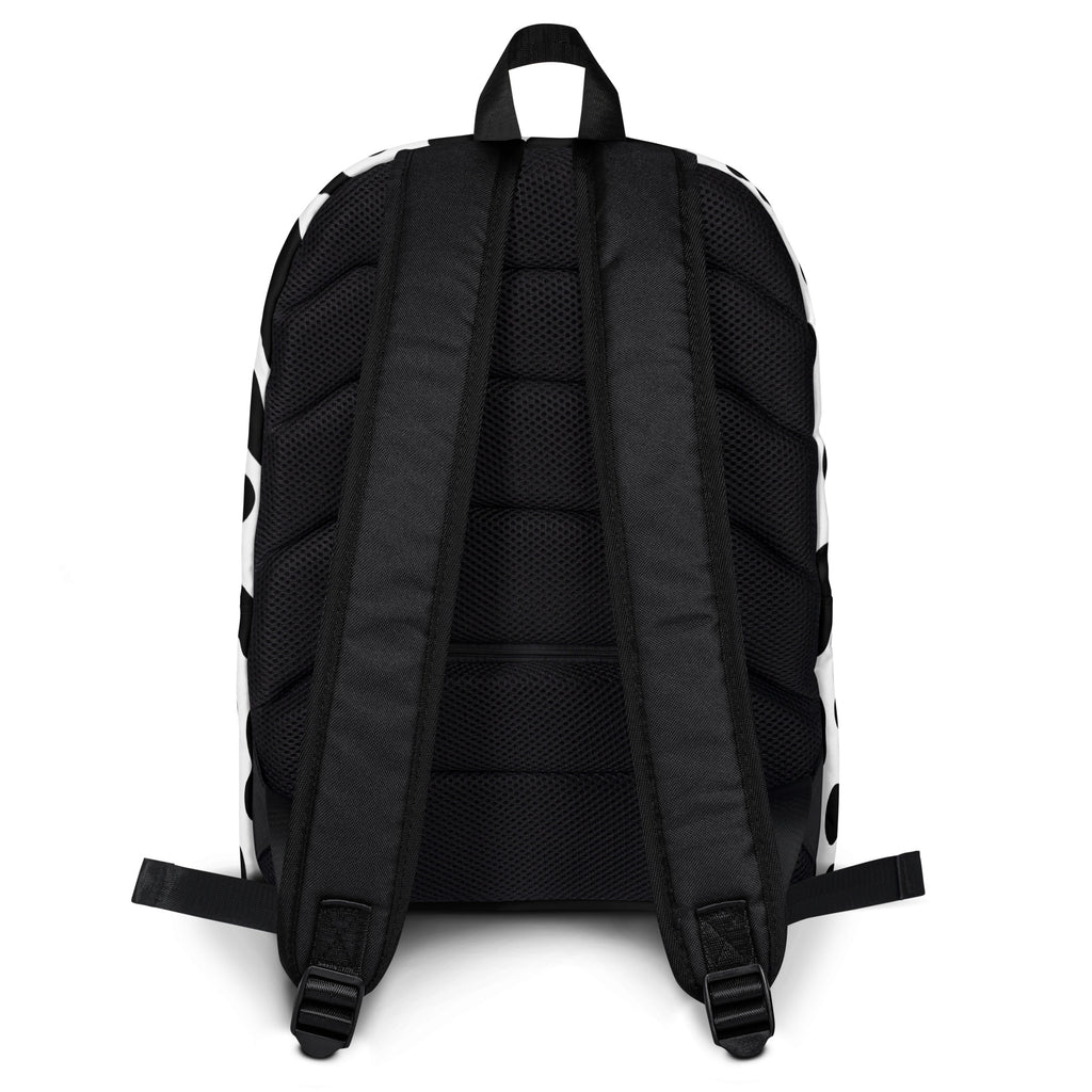 Kids cow print backpack in black and white polka dots showing mesh back panel and adjustable shoulder straps