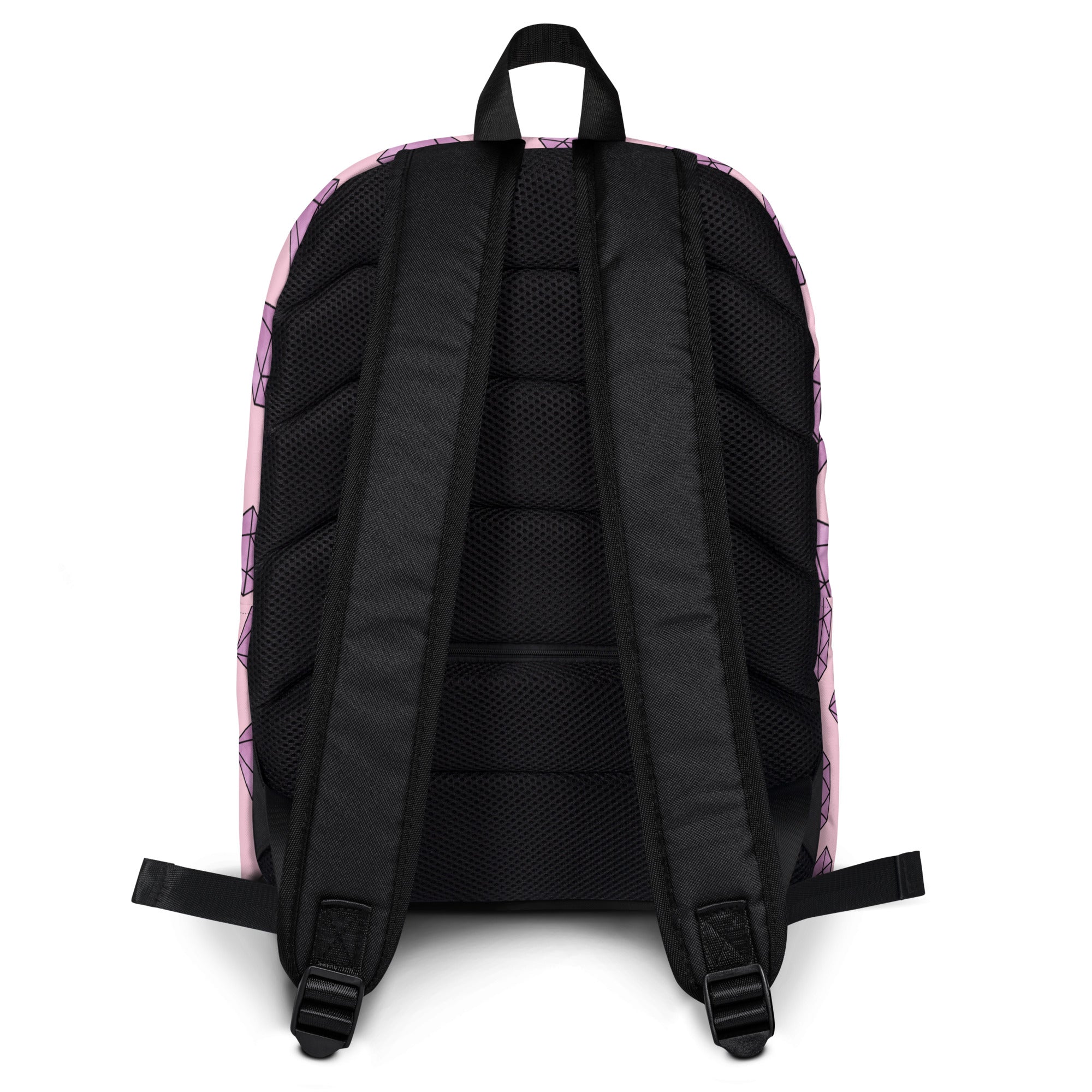 Pink geometric-patterned girls purple diamonds backpack showing black mesh back panel and straps