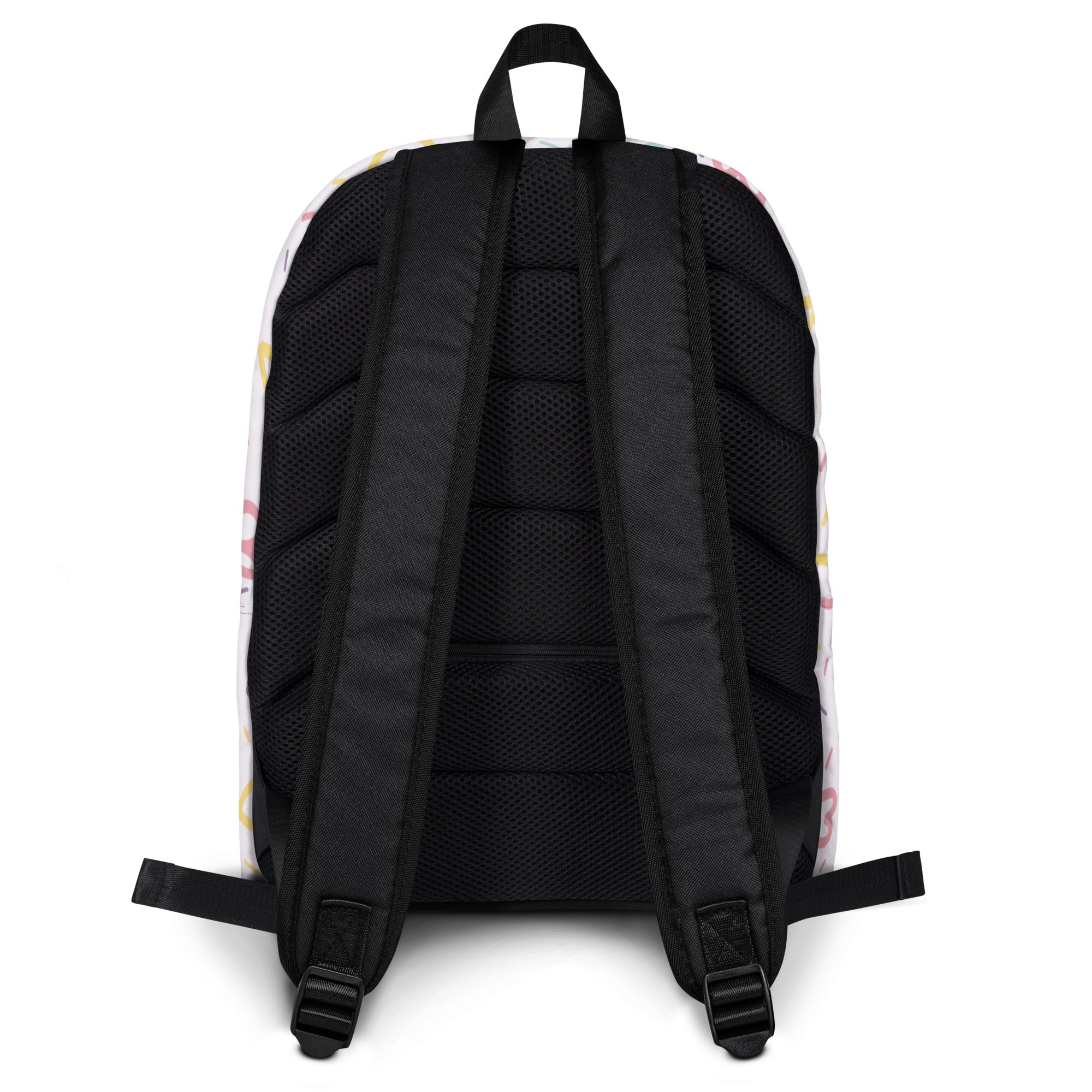 White girls hearts and sprinkles backpack with colorful pastel patterns and black mesh back panel and straps