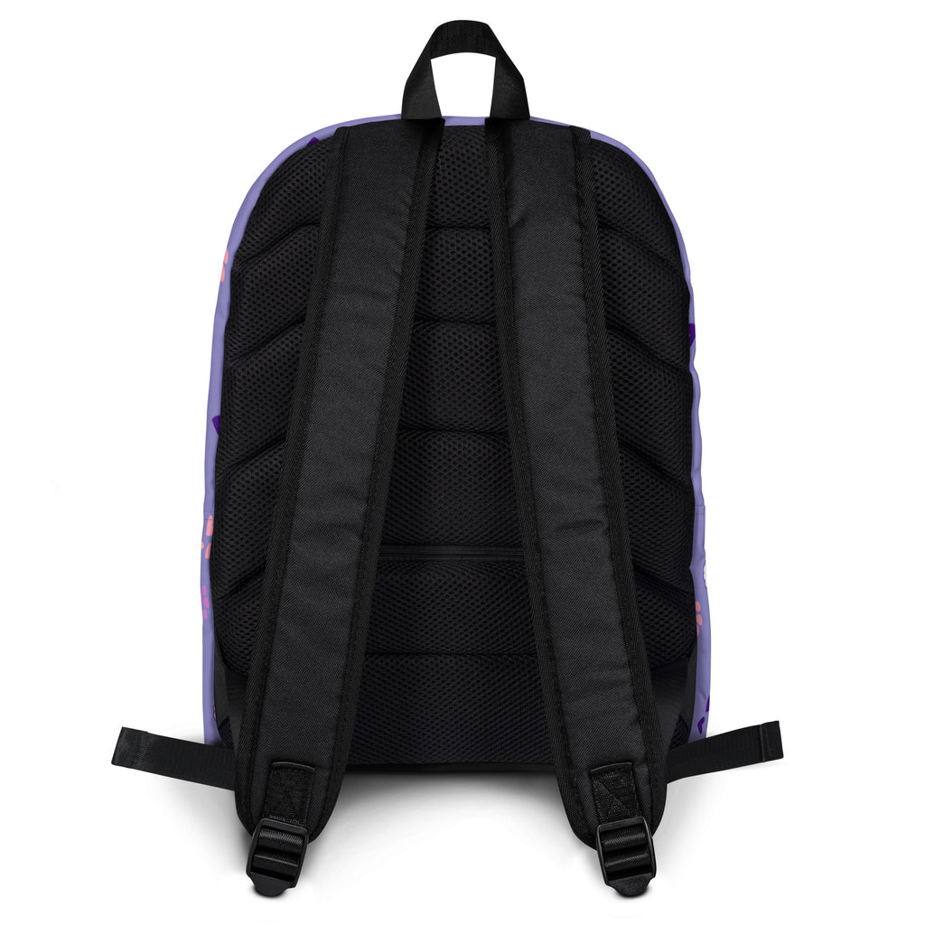 Girls purple rainbow caticorn backpack back view showing purple and black design with mesh back panel and adjustable straps