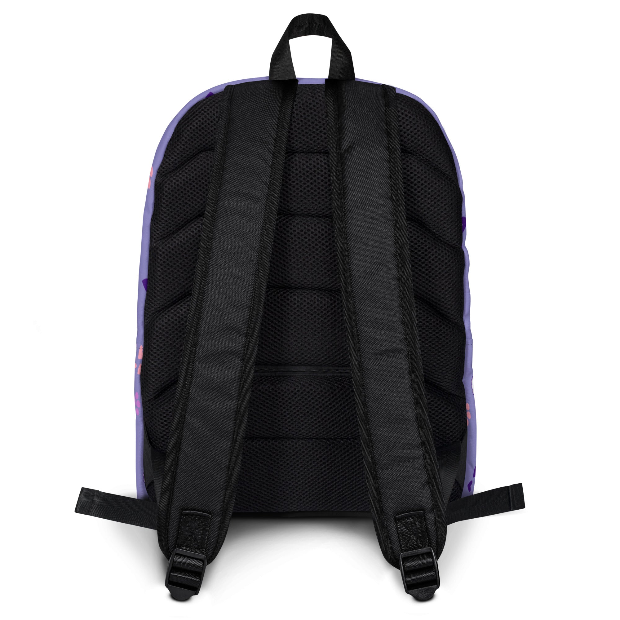 Girls purple rainbow caticorn backpack back view showing purple and black design with mesh back panel and adjustable straps