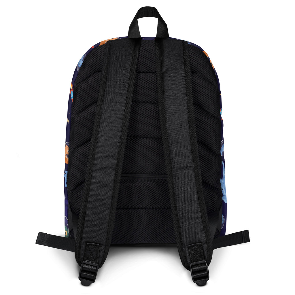 Kids space dinosaurs backpack with black mesh back and colorful space-themed print on the sides