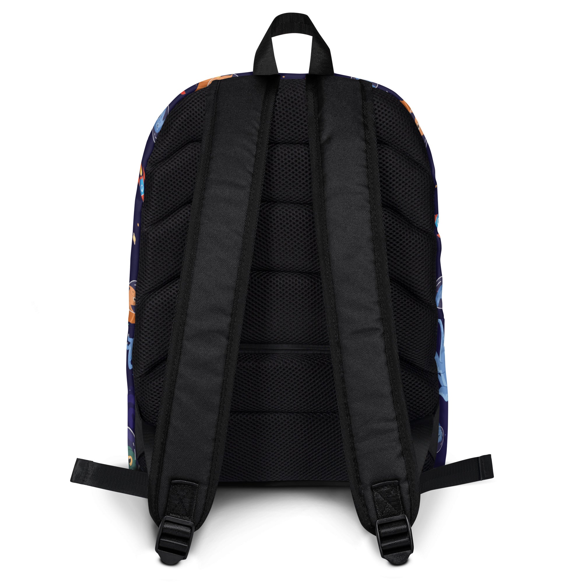 Kids space dinosaurs backpack with black mesh back and colorful space-themed print on the sides