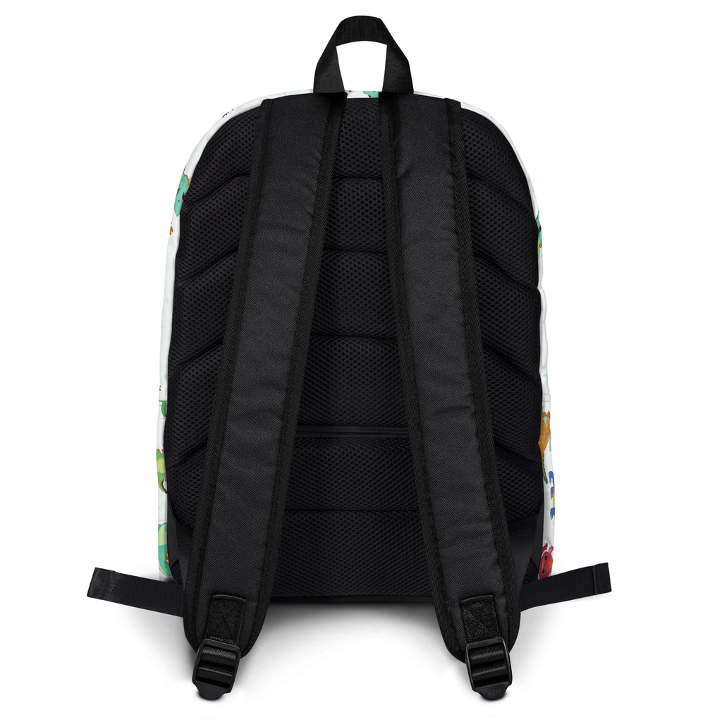 White kids cartoon dragons backpack with colorful floral pattern and black mesh back panel shown from back side