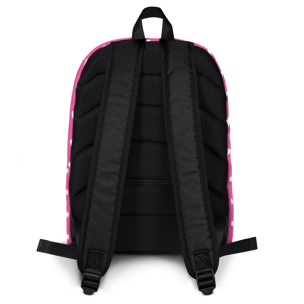 Girls pink polka dots backpack showing black mesh back panel and straps for comfortable wear