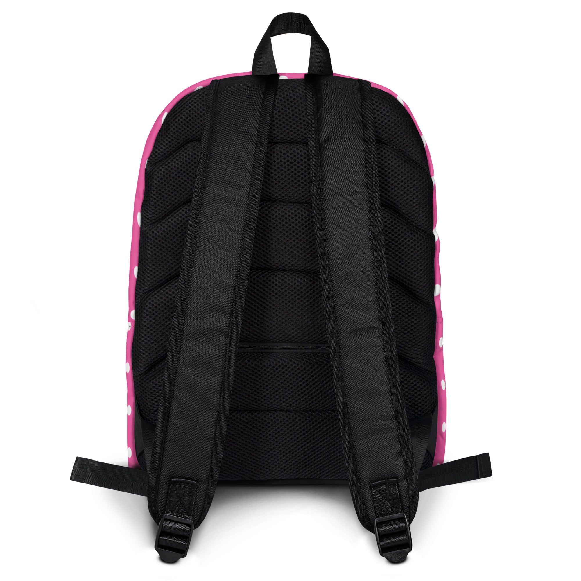 Girls pink polka dots backpack showing black mesh back panel and straps for comfortable wear