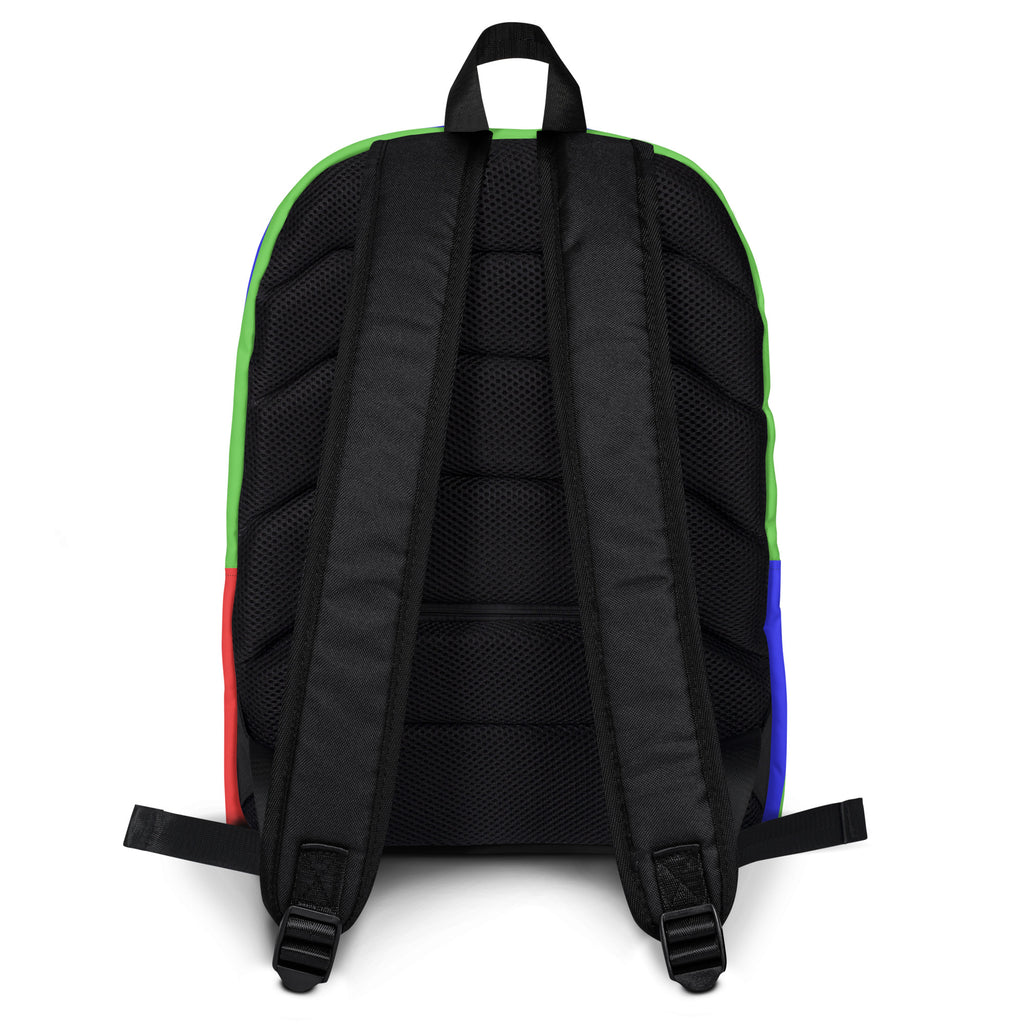 Kids colorful stripes backpack with vibrant multicolored vertical stripes and black mesh back panel and straps