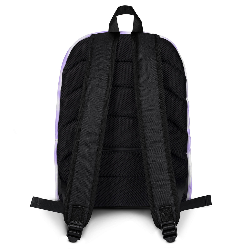 Black girls lavender purple tie dye backpack with mesh back panel and purple side accents shown from the back