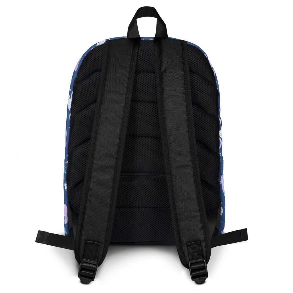 Girls whale shark backpack in navy blue with a space-themed pattern and black mesh back panels and straps