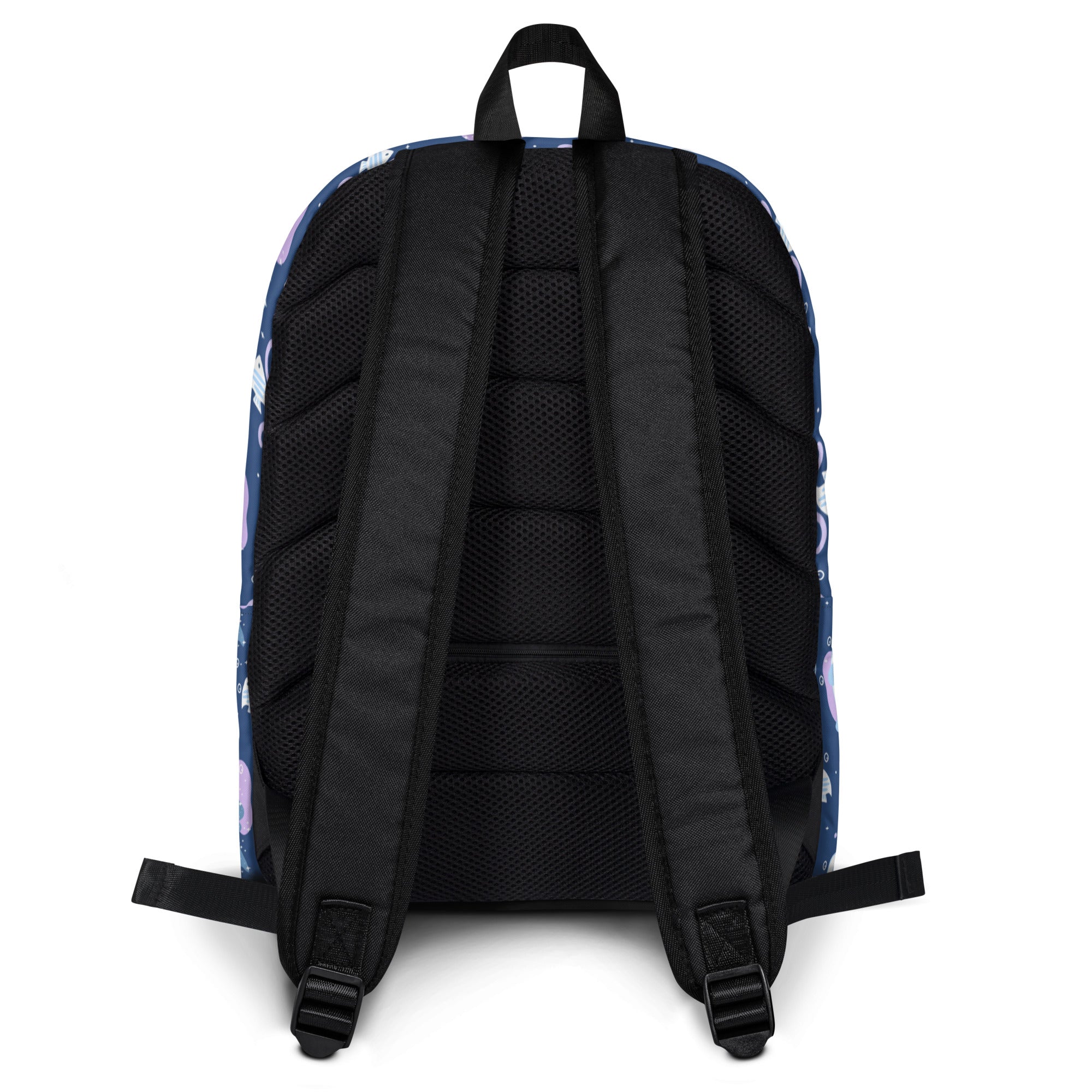 Girls whale shark backpack in navy blue with a space-themed pattern and black mesh back panels and straps