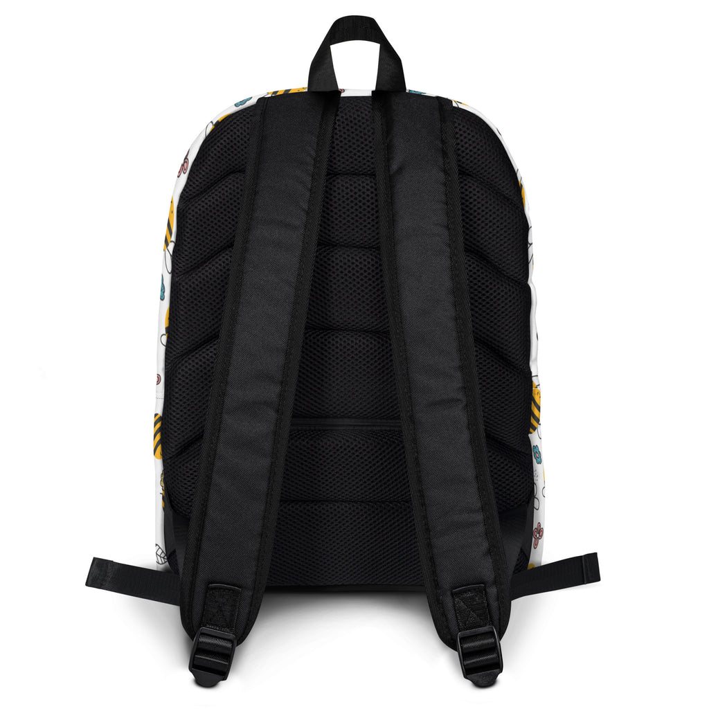 White kids floral bees backpack with playful colorful cartoon bee pattern on fabric for school use