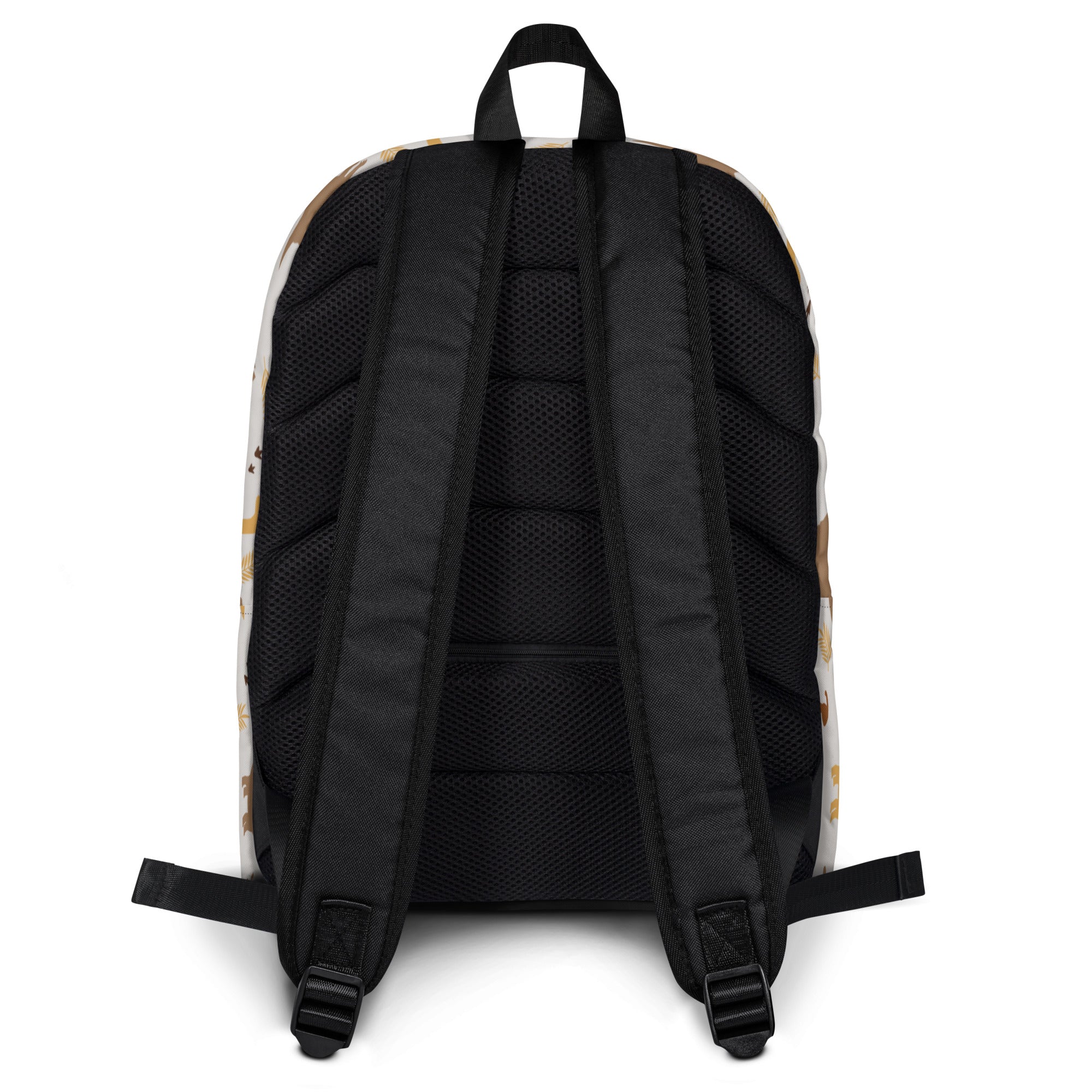 Kids dinosaur print backpack with black mesh back and tan white patterned exterior for school use