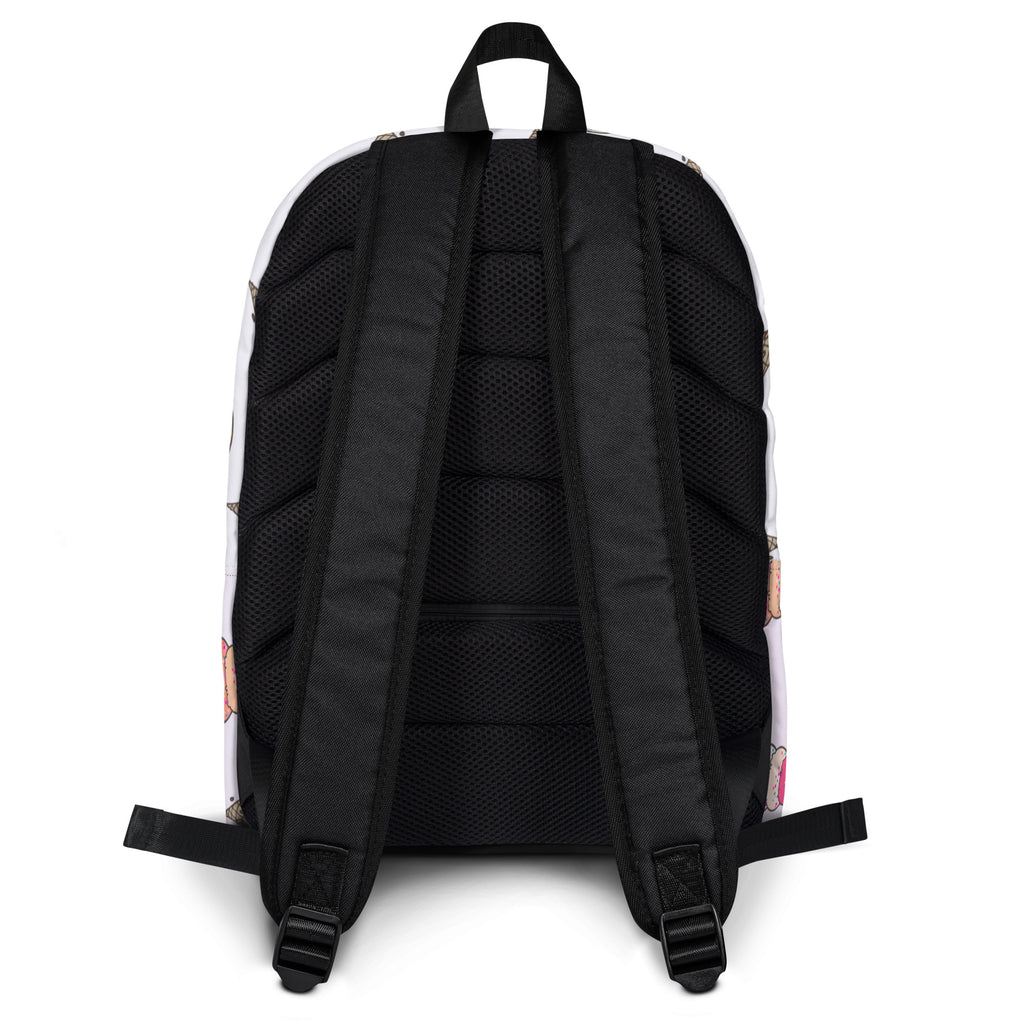 White girls ice cream cone backpack with black mesh back panel and straps featuring colorful anime character designs