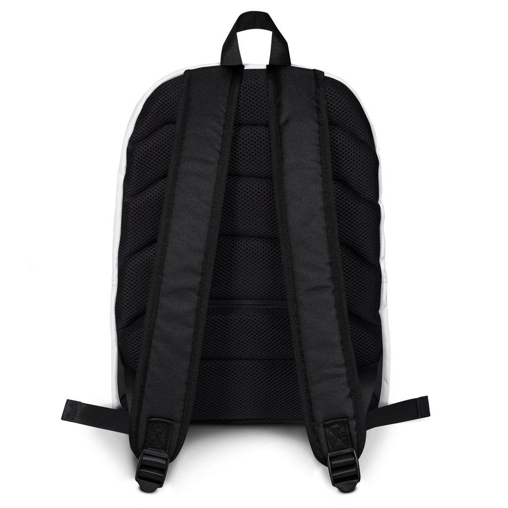 Black and white girls caticorn face backpack showing back side with mesh panel and padded shoulder straps