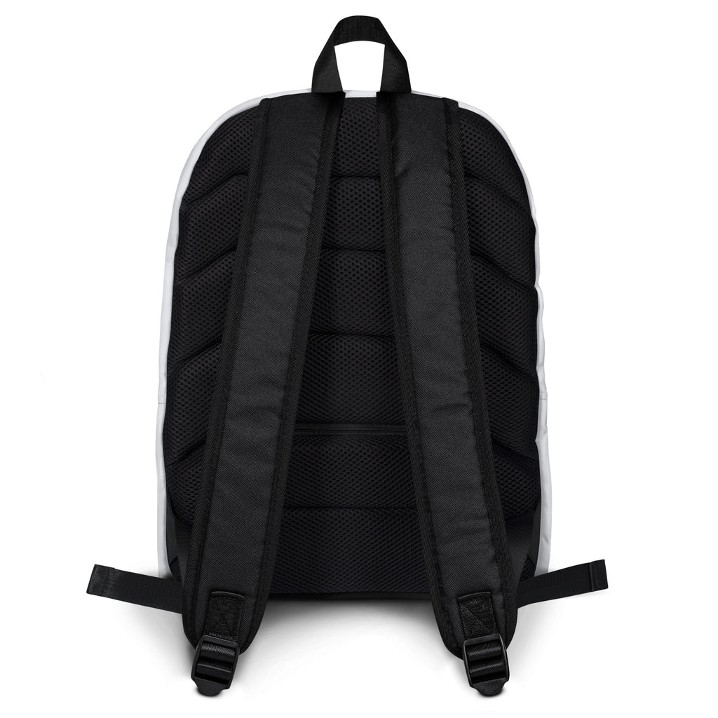 Kids white camouflage backpack black and white with mesh back panel and padded shoulder straps back view