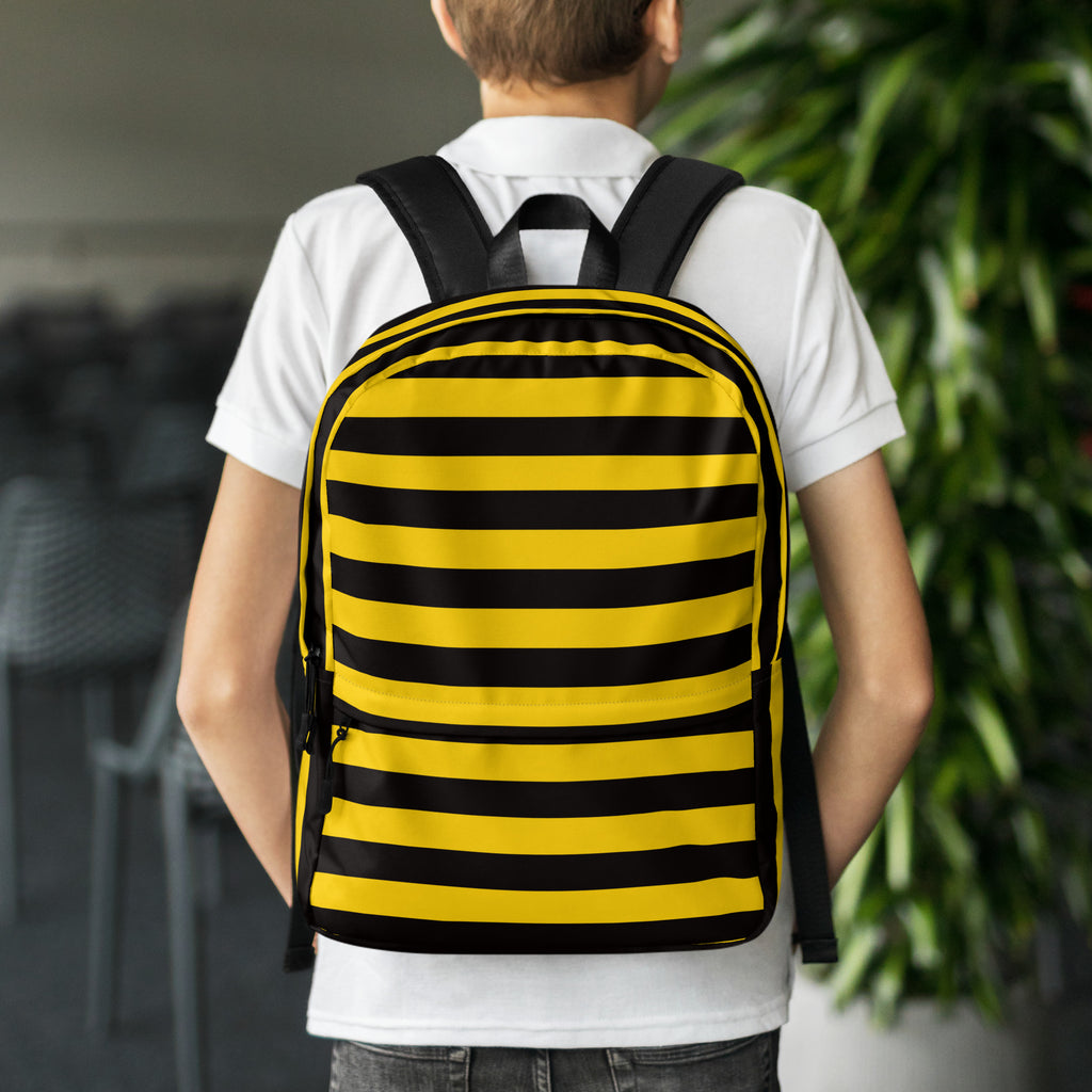Kids bee stripes backpack with bold yellow and black horizontal stripes made of durable fabric with adjustable straps