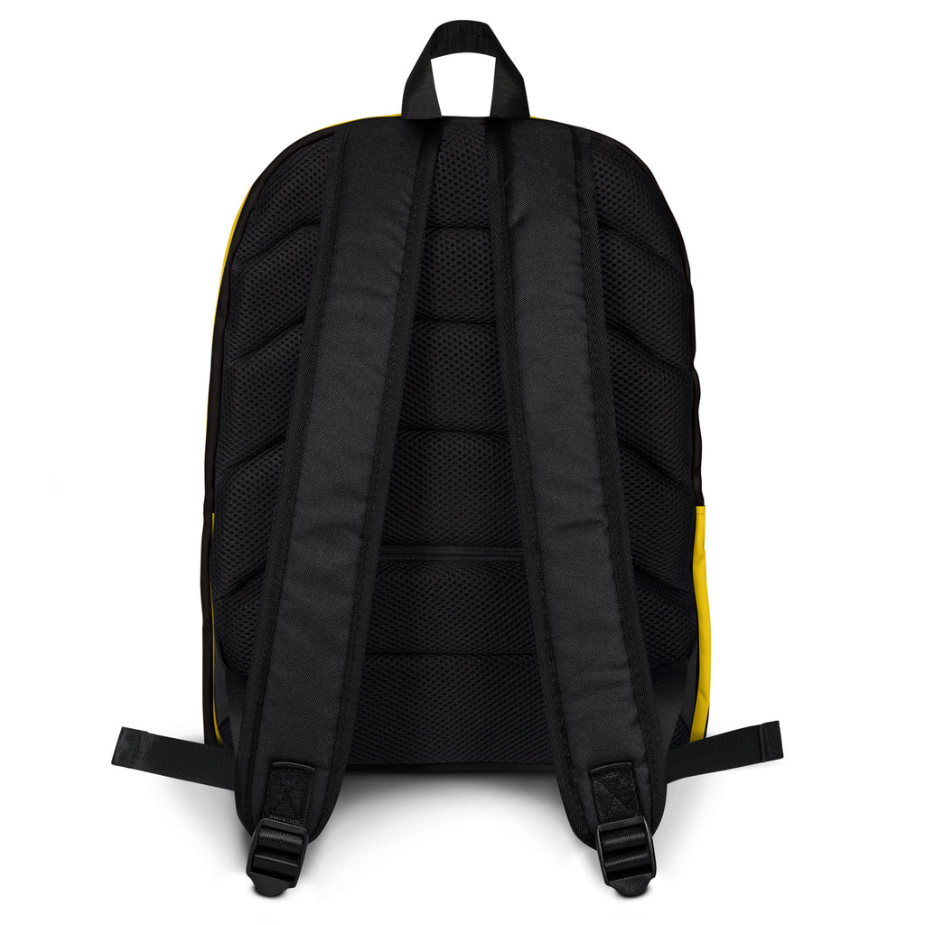 Kids bee stripes backpack showing black fabric with yellow side panels and breathable mesh back panel for comfort