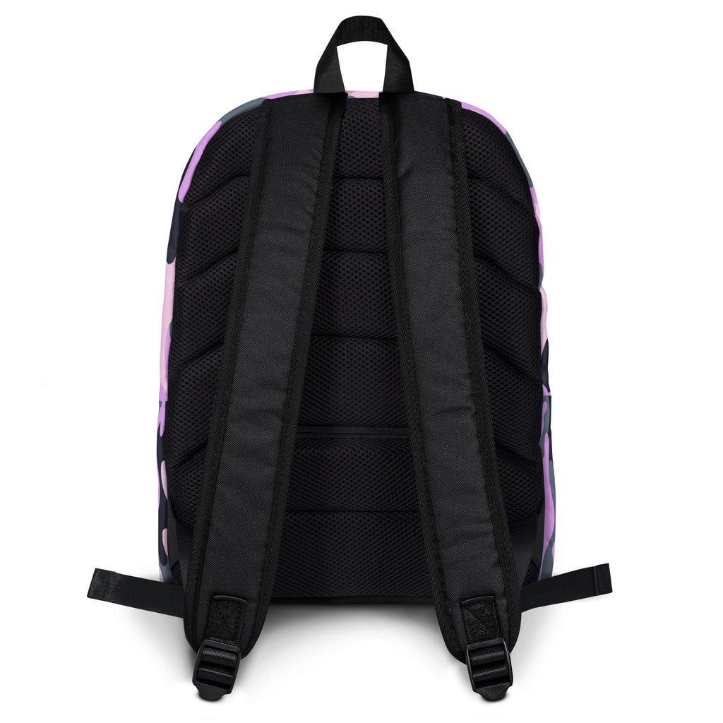 Girls purple camouflage backpack showing back with black padded mesh panels and adjustable shoulder straps