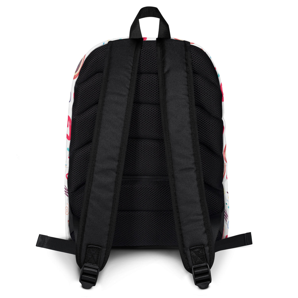 Girls rainbow hearts doodle backpack white with colorful pink and teal abstract shapes and black mesh straps and back panels