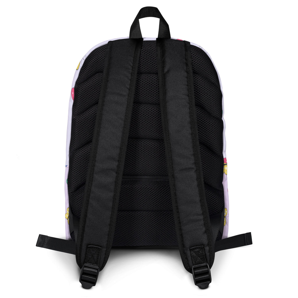 White girls colorful butterfly backpack with black mesh back panel and colorful cartoon character prints along sides