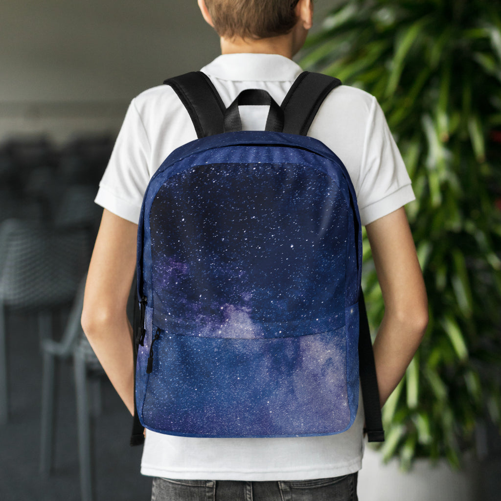Kids realistic galaxy backpack navy blue with cosmic stars and nebulae print and black straps for school use