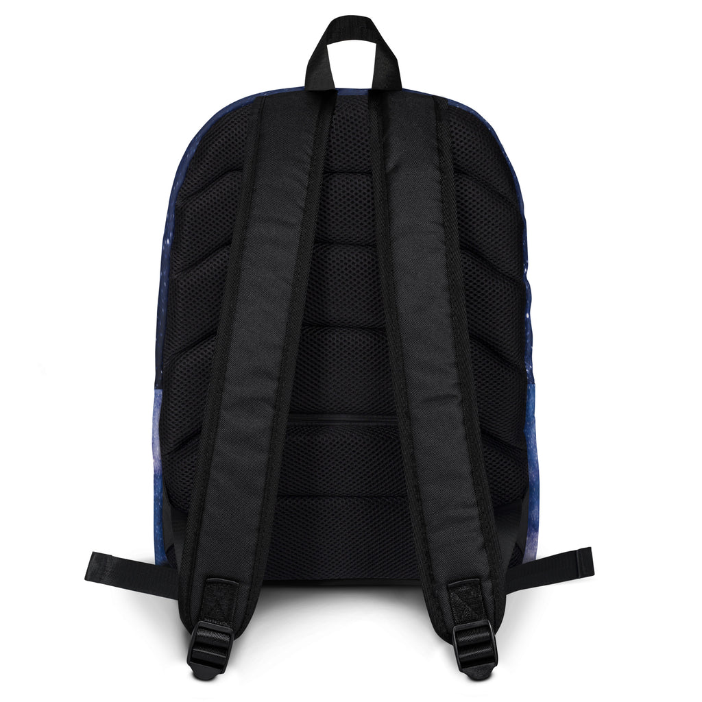 Black kids realistic galaxy backpack with mesh back panel and blue gradient sides shown from the back side