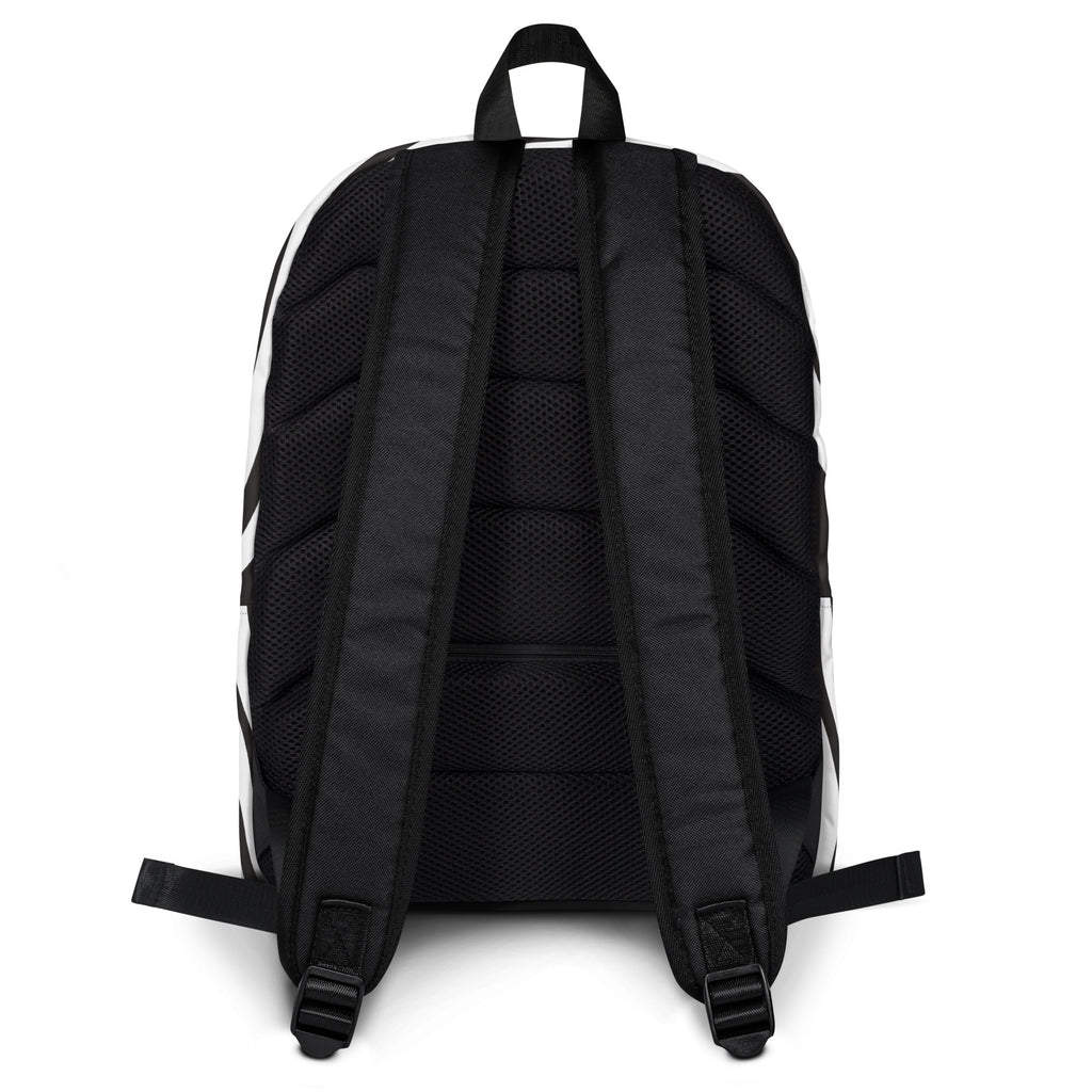 Kids zebra print backpack black and white with mesh back panel and adjustable shoulder straps shown from back side