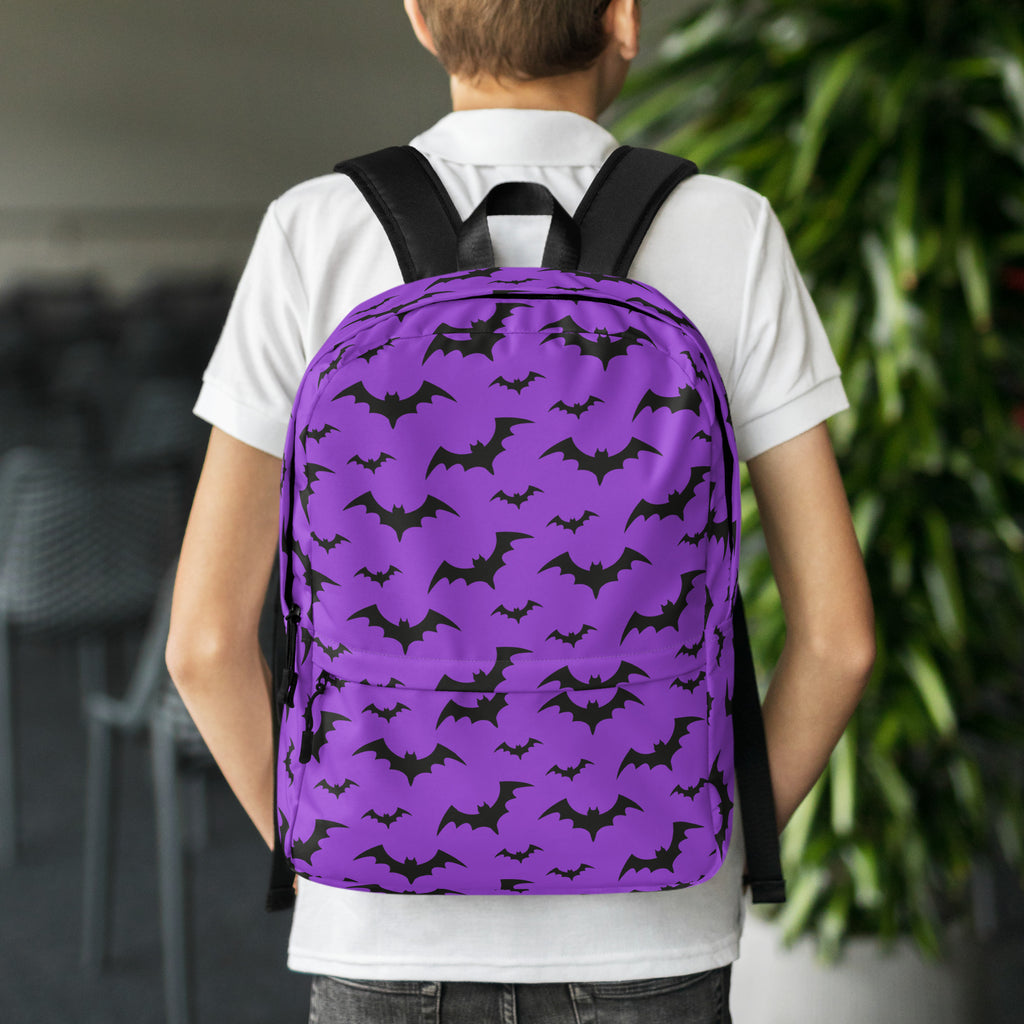 Kids Purple Bats Backpack - Water-Resistant School Bag With Adjustable Padded Straps & Breathable Mesh Back