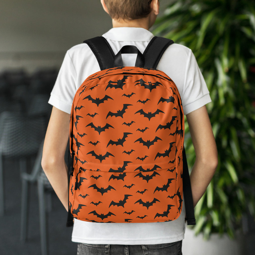 Kids Orange Bats Backpack - Water-Resistant School Bag With Adjustable Padded Straps & Breathable Mesh Back