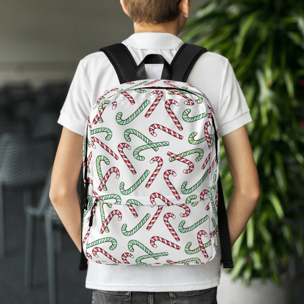 Kids Red & Green Candy Cane Christmas Backpack - Water-Resistant School Bag With Adjustable Padded Straps & Breathable Mesh Back