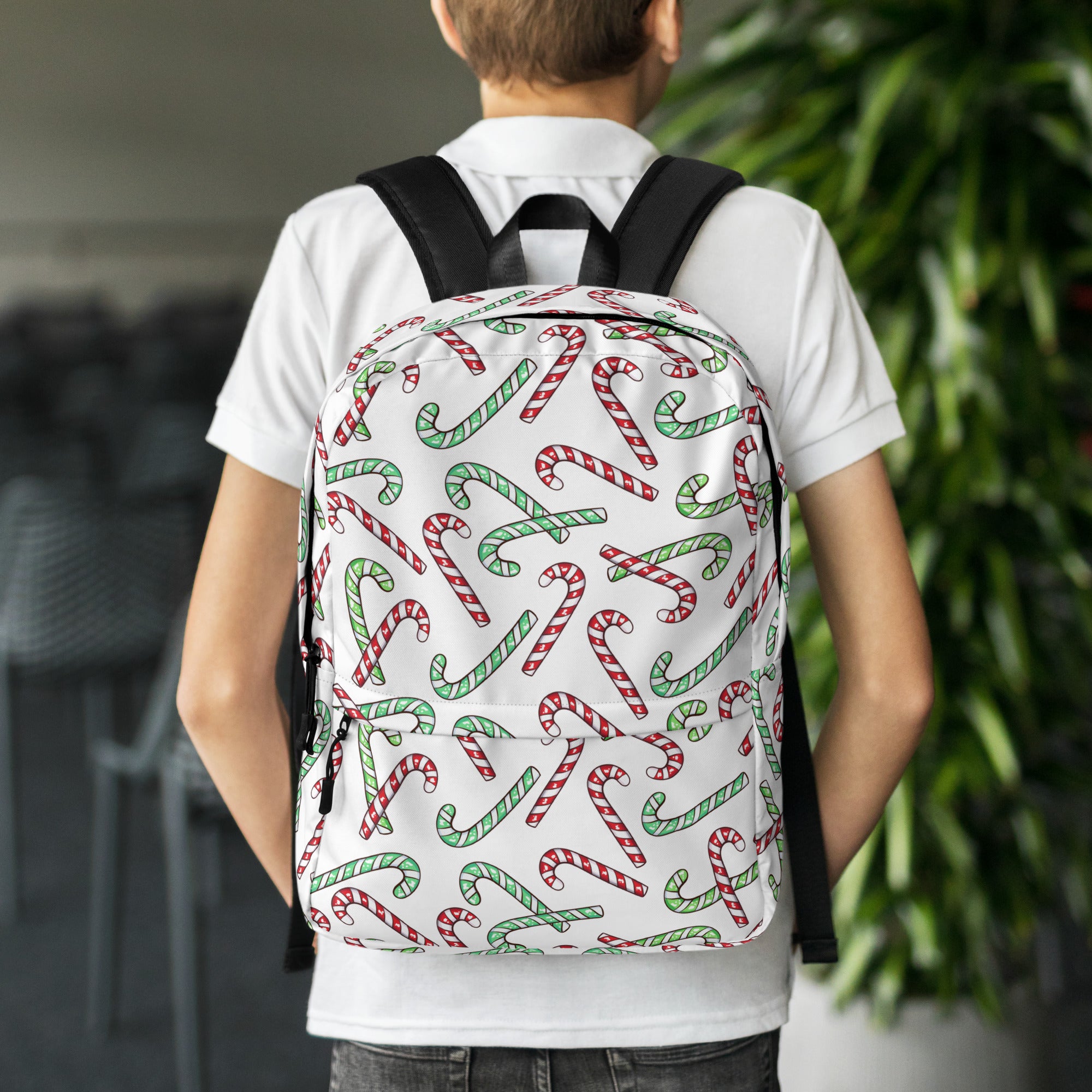 Kids Red & Green Candy Cane Christmas Backpack - Water-Resistant School Bag With Adjustable Padded Straps & Breathable Mesh Back