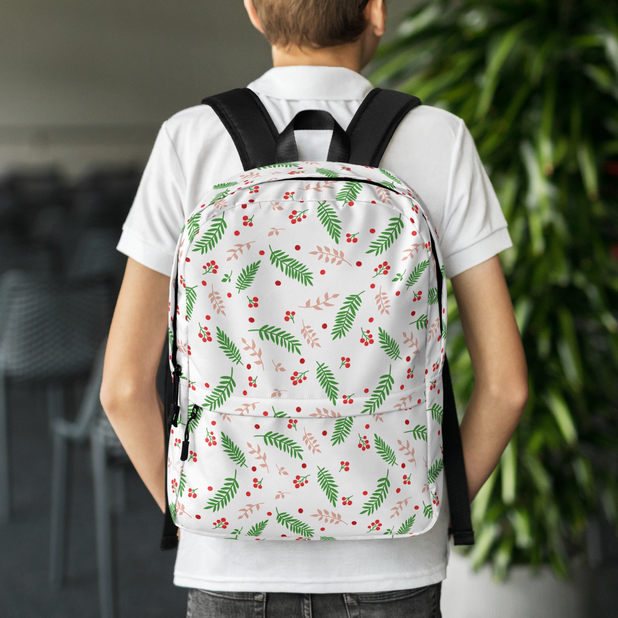Kids Christmas Holly Leaves Backpack - Water-Resistant School Bag With Adjustable Padded Straps & Breathable Mesh Back
