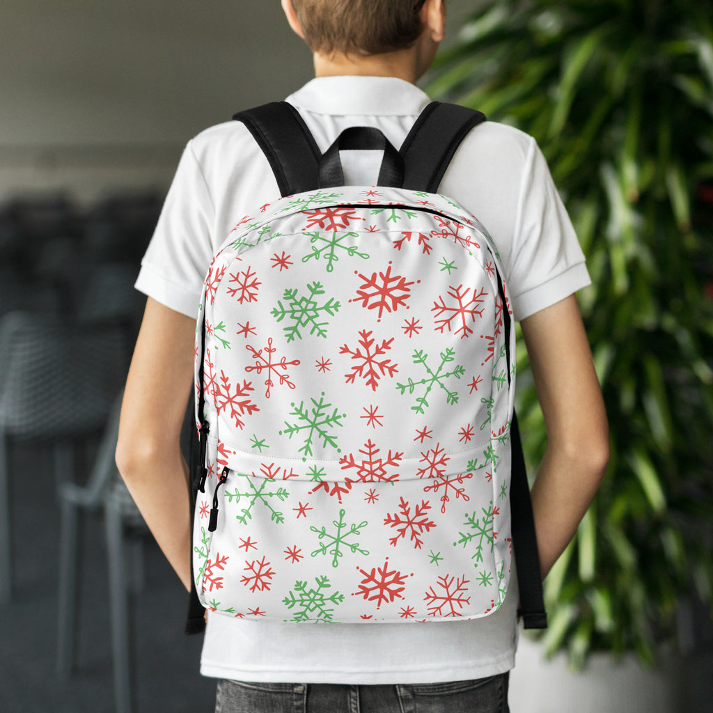 Kids Red and Green Holiday Snowflake Backpack - Water-Resistant School Bag With Adjustable Padded Straps & Breathable Mesh Back