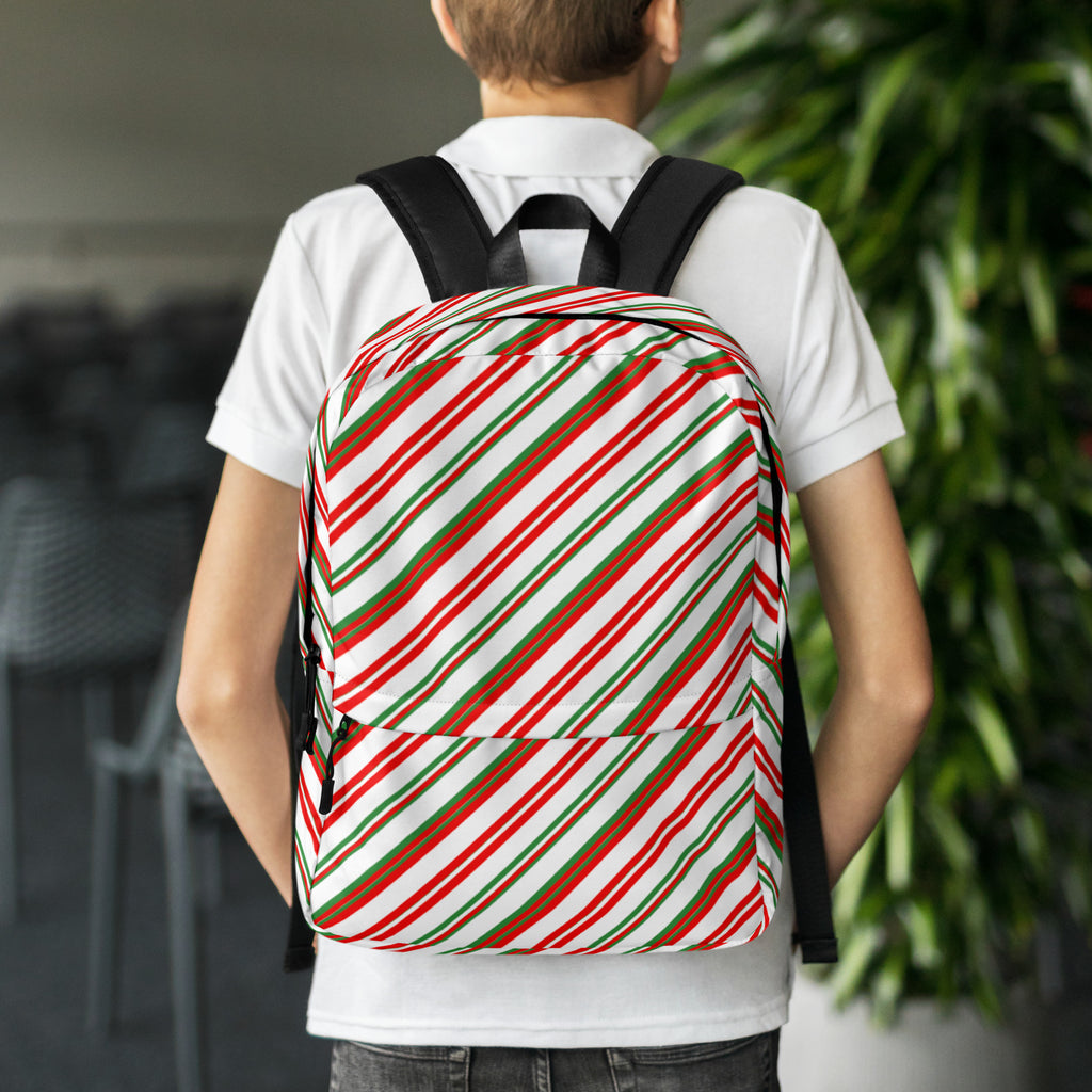 Kids Striped Peppermint Candy Cane Backpack - Water-Resistant School Bag With Adjustable Padded Straps & Breathable Mesh Back