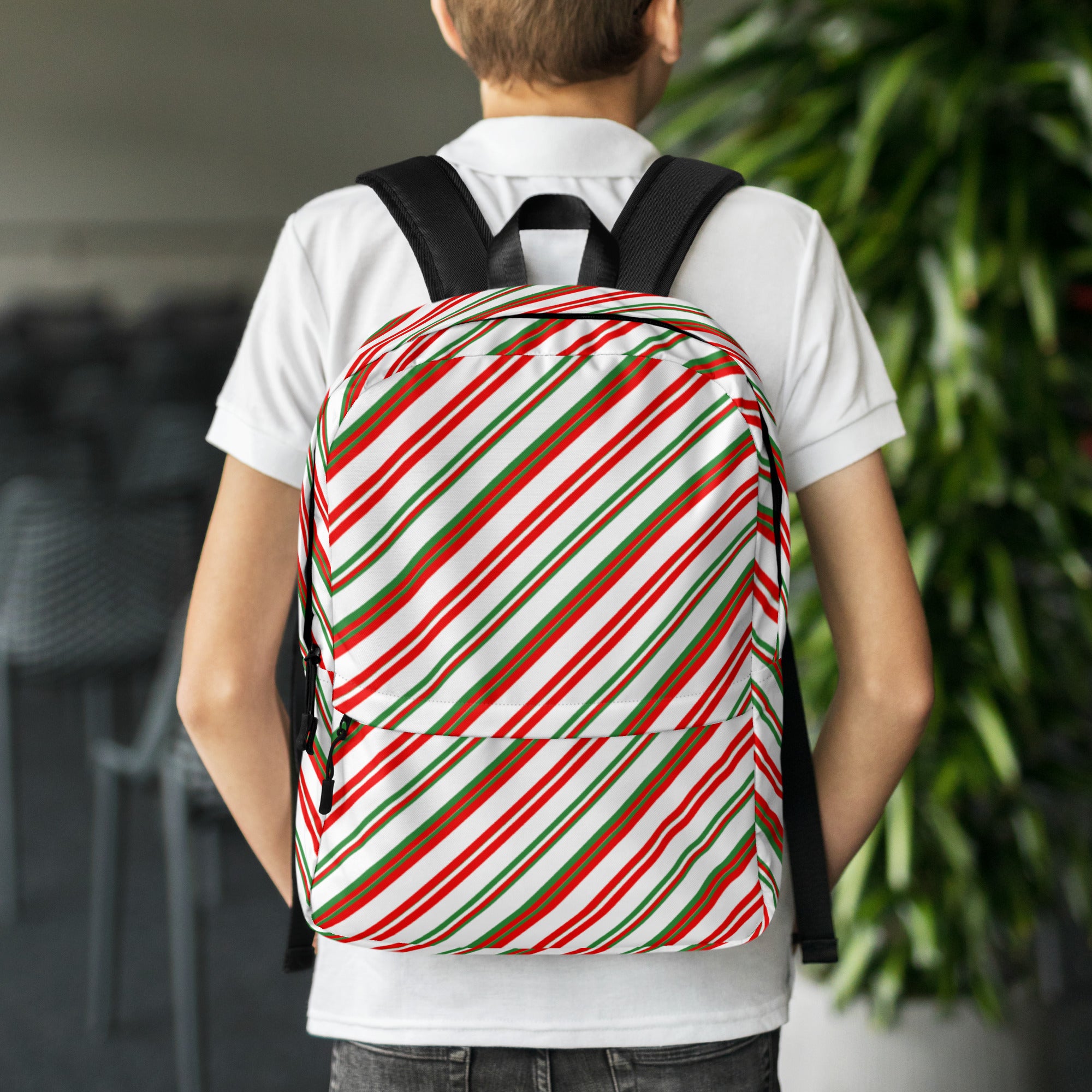 Kids Striped Peppermint Candy Cane Backpack - Water-Resistant School Bag With Adjustable Padded Straps & Breathable Mesh Back