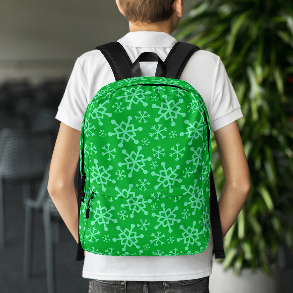 Kids Green Snowflake Backpack - Water-Resistant School Bag With Adjustable Padded Straps & Breathable Mesh Back