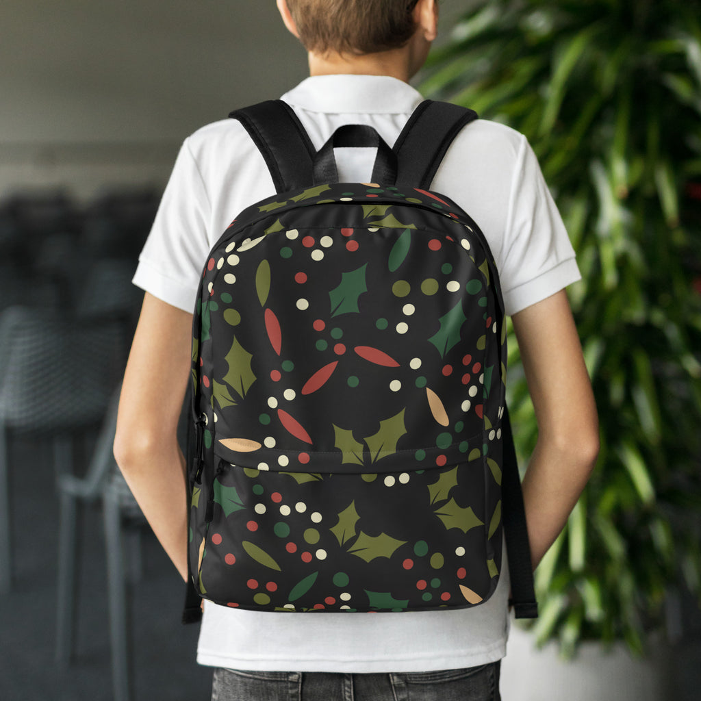 Kids Festive Christmas Holly Backpack - Water-Resistant School Bag With Adjustable Padded Straps & Breathable Mesh Back