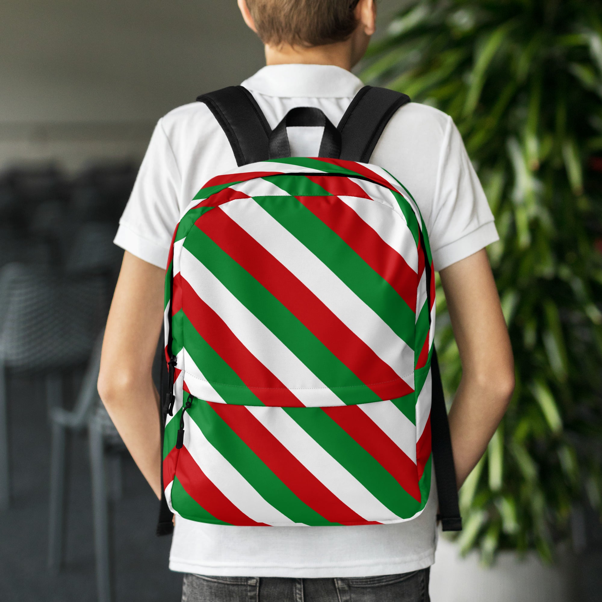 Kids Christmas Candy Cane Stripe Backpack - Water-Resistant School Bag With Adjustable Padded Straps & Breathable Mesh Back