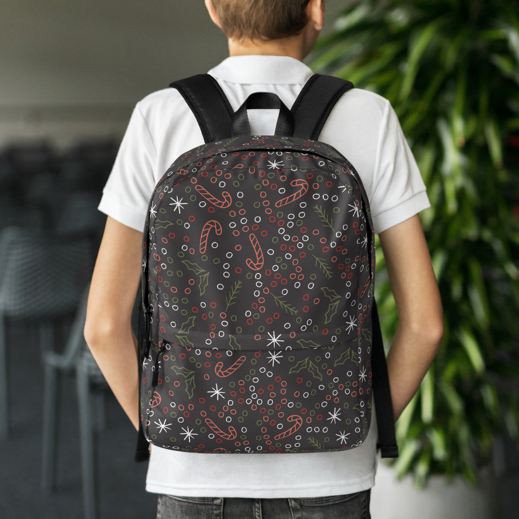 Kids Candy Cane Holly Christmas Backpack - Water-Resistant School Bag With Adjustable Padded Straps & Breathable Mesh Back