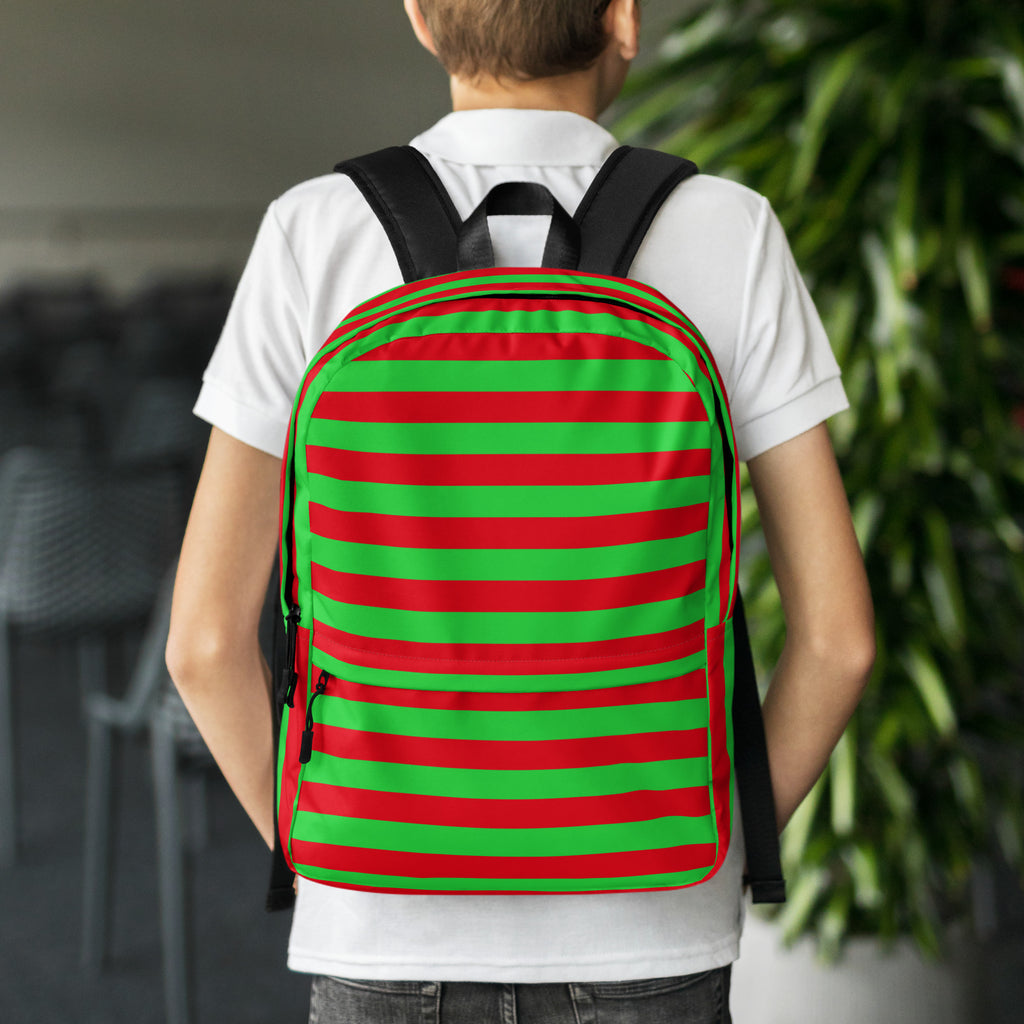 Kids Striped Red & Green Christmas Backpack - Water-Resistant School Bag With Adjustable Padded Straps & Breathable Mesh Back